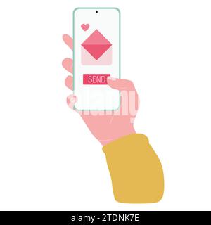 Smartphone femminile che tiene la mano con messaggio d'amore, posta romantica. Busta con cuori sullo schermo del telefono e pulsante Invia. Illustrazione vettoriale disegnata a mano Illustrazione Vettoriale