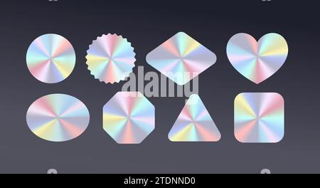 Adesivi olografici con logo pacchetto realistico di icone vettoriali. Guarnizioni in lamina iridescente di colore radiale su sfondo nero. Etichette originali del prodotto Illustrazione Vettoriale