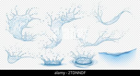 Spruzzi d'acqua con gocce cadenti serie di illustrazioni vettoriali realistiche. Spruzzi di liquido con goccioline elementi 3d su sfondo trasparente Illustrazione Vettoriale