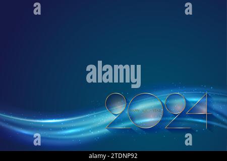 Felice anno nuovo 2024 numeri sottili dorati e design a onda lucente su sfondo blu. Numero Happy Holyday, logo Gold foil, biglietto d'auguri. Vettore Illustrazione Vettoriale