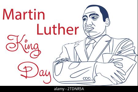 Martin Luther King Jr. Design del biglietto d'auguri diurno. Frase ispiratrice MLK Day Lettering, sfondo bandiera USA. Illustrazione Vettoriale