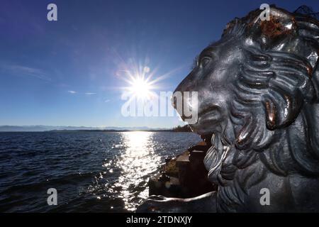 Tutzing, Bayern, Deutschland 19. Dicembre 2023: Ein Wintertag in Tutzing Landkreis Starnberg. Hier der Blick von der Brahmspromenade auf einen der beiden bekannten Löwen vor dem Midgardhaus, dahinter der Starnberger SEE mit Sonne, im Hintergrund die Alpenkette *** Tutzing, Baviera, Germania 19 dicembre 2023 Una giornata invernale a Tutzing, quartiere di Starnberg qui la vista dal Brahmspromenade a uno dei due famosi leoni di fronte alla Midgardhaus, alle sue spalle il lago di Starnberg con il sole, sullo sfondo la catena alpina Foto Stock