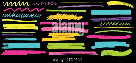 Set di linee evidenziatore colore acido. Pennello di evidenziazione disegnato a mano, sottolineature, tracciature, strisce o tratti su sfondo nero. Elemento grafico astratto vettoriale. Illustrazione Vettoriale