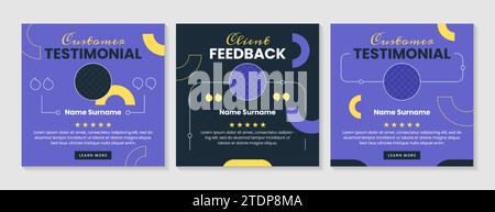 Storia dei social media feedback dei clienti. Set vettoriale di banner quadrati design modello per testimonianze dei clienti. Valutazione a stelle di prodotti o servizi aziendali. Layout preventivo in blu. Illustrazione Vettoriale