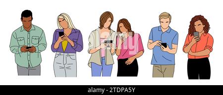 Persone diverse che tengono in mano, usando i telefoni cellulari. Illustrazione Vettoriale