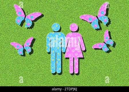 Pittogramma di una coppia con farfalle nello stomaco, grafica con fiori rosa e azzurro su sfondo verde Foto Stock