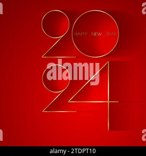 Felice anno nuovo 2024 numeri sottili dorati di lusso e design lucido su sfondo rosso. Numero Happy Holyday, logo Gold foil, biglietto d'auguri. Vettore Illustrazione Vettoriale