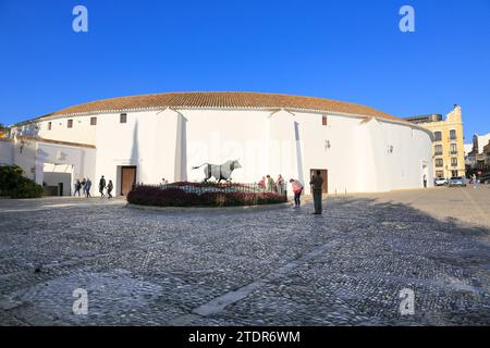 Ronda, Malaga, Spagna - 23 ottobre 2023: Scultura di toro all'arena Real Maestranza nella città di Ronda Foto Stock