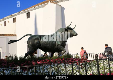 Ronda, Malaga, Spagna - 23 ottobre 2023: Scultura di toro all'arena Real Maestranza nella città di Ronda Foto Stock