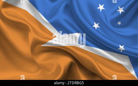 Alta bandiera dettagliata della provincia della Terra del fuoco Argentina. Bandiera argentina della provincia della Terra del fuoco. Illustrazione 3D. Foto Stock