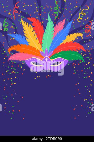 Illustrazione vettoriale di una maschera colorata di Carnevale con piume e coriandoli su sfondo blu con spazio per la copia Illustrazione Vettoriale