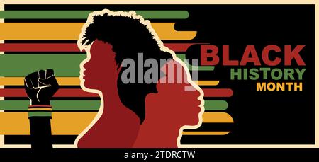 Evento del mese della cronologia nera. Profilo silhouette persone africane e afroamericane. Gruppo etnico nero uomo e donna. Eguaglianza razziale con pugno alzato Illustrazione Vettoriale