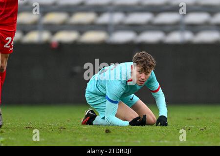 Lier, Belgio. 13 dicembre 2023. Pau prim (15) di Barcellona nella foto durante la partita della 6a giornata della UEFA Youth League nel gruppo H nella stagione 2023-2024 tra le squadre giovanili Under-19 del Royal Antwerp FC e del FC Barcelona il 13 dicembre 2023 a Lier, in Belgio. (Foto di David Catry/Isosport) credito: Sportpix/Alamy Live News Foto Stock