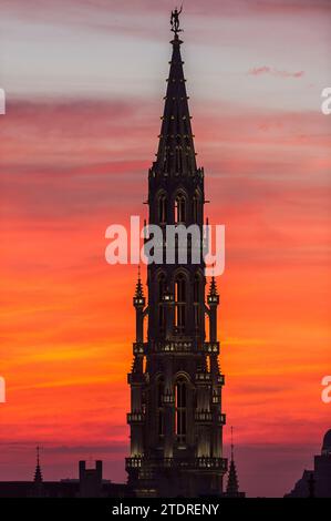 Coucher de soleil sur la tour de la maison communale de la ville de Bruxelles. Touristes faisant un selfie. Foto Stock