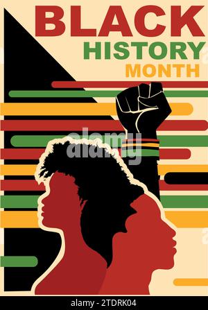 Evento del mese della cronologia nera. Profilo silhouette persone africane e afroamericane. Gruppo etnico nero uomo e donna. Eguaglianza razziale con pugno alzato Illustrazione Vettoriale