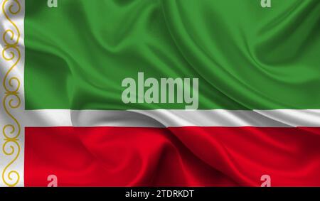 Alta e dettagliata bandiera della Repubblica cecena. Bandiera nazionale della Repubblica cecena. Illustrazione 3D. Foto Stock