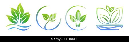 Modello di logo idroponico aeroponico set 4 in 1, icona del cibo salutare, orto biologico. Crescita ecocompatibile. foglie, logo foglia. Vettore Illustrazione Vettoriale