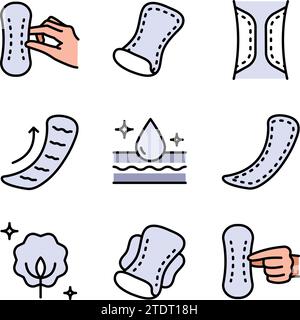 Set di icone colore cuscinetto sanitario donna. Concetto di routine igienica. Raccolta di segnali vettoriali per tamponi sanitari. Tovaglioli igienici per donna, icone piatte. Web di concetto mobile Illustrazione Vettoriale