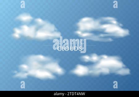 Set di nuvole realistiche bianche trasparenti. Illustrazione Vettoriale