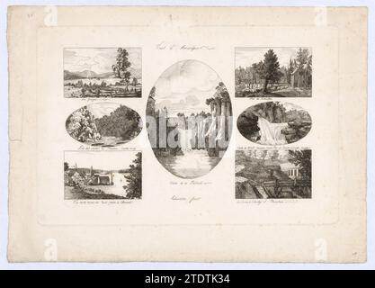 Vues d'Amerique: LAC Georges; Pres des chutes de Trenton, Oneida County; Vue de la riviere du Nord, pry a Clermont; Chute de la Passaic; Pres de Tuckerton; Chute de West Canada Creek, pres de Trenton, Oneida County; la Source a Schooley's Mountain 1954 di Charlotte Bonaparte Foto Stock