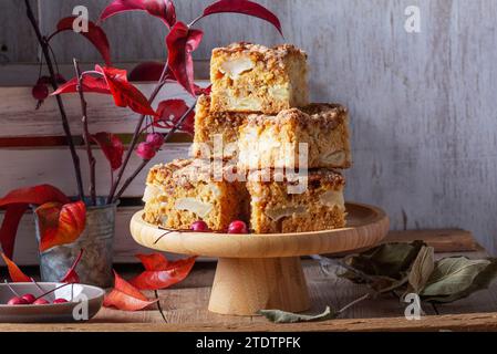 Fette di torta di mele olandese con streusel su un vassoio di legno, mele e rami di mele su uno sfondo di legno. Foto Stock