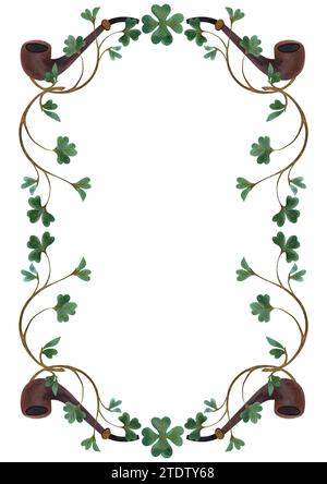 Cornice di scrofoli di trifoglio shamrock con tubi fumanti di leprechaun. Decorazione per St. Patrick's Day. Illustrazione ad acquerello isolata su sfondo bianco. Foto Stock