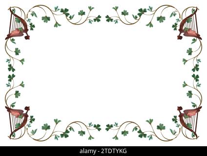 Telaio di scampi di trifoglio shamrock con arpe celtiche. Decorazione per St. Patrick's Day. Illustrazione ad acquerello isolata su sfondo bianco. Clipart Foto Stock