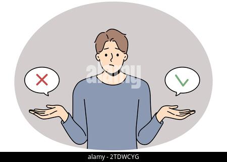 Il giovane frustrato si sente incerto o dubbio circa il prendere la decisione. Un ragazzo confuso pensa al dubbio sulla soluzione del problema. Concetto di dilemma. Illustrazione vettoriale. Illustrazione Vettoriale