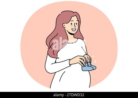 Giovane donna incinta sorridente che tiene le scarpe del bambino nelle mani eccitate circa la maternità. Felice futura madre in attesa di essere genitore. Gravidanza. Illustrazione vettoriale. Illustrazione Vettoriale