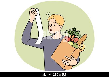 Giovane stordito con borsa o generi alimentari scioccati dalle spese in supermercato. Stupito ragazzo sorpreso con i prezzi del cibo e dei prodotti in negozio. Illustrazione vettoriale. Illustrazione Vettoriale