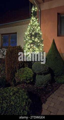 Albero di Natale illuminato di fronte alla casa durante Natale e Capodanno. Spirito natalizio davanti alla casa Foto Stock