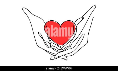 Una linea continua che disegna braccia che reggono il cuore. Concetto lineare di donazione per beneficenza. Vettore isolato su bianco Illustrazione Vettoriale
