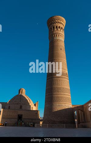 27 GIUGNO 2023, BUKHARA, UZBEKISTAN: Vista sulla moschea e il minareto poi Kalon al tramonto, a Bukhara, Uzbekistan. Immagine verticale con spazio di copia f Foto Stock