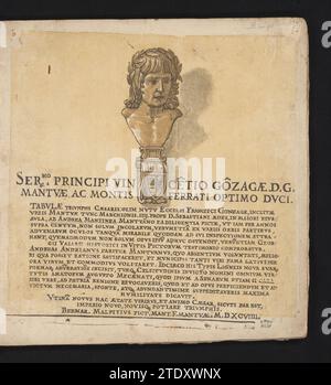 Stampa del titolo con ritratto dell'artista Andrea Mantegna, Andrea Andreani, dopo Bernardo Malpizzi, dopo Andrea Mantegna, 1599 Stampa del titolo con un busto ritratto dell'artista Andrea Mantegna e un testo in latino. La stampa fa parte di un album. Tipografia: Italyafter disegno di: Mantuaafter scultura di: MantuaMantova cartaceo titolo stampato con un busto ritratto dell'artista Andrea Mantegna e un testo in latino. La stampa fa parte di un album. Tipografia: Italyafter disegno di: Mantuaafter scultura di: MantuaMantova carta Foto Stock