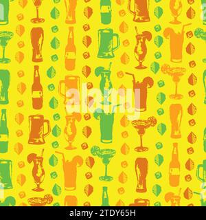 Cocktail vettoriali divertenti bevande alcoliche vernice grunge silhouette disposizione verticale motivo senza cuciture. Adatto per tessuti, menu e carta da parati. Illustrazione Vettoriale
