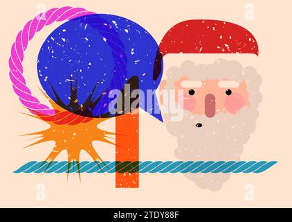 Risograph Babbo Natale volto, testa con bolla vocale dalle forme geometriche. Oggetti in stile texture con stampa grafico riso alla moda con geometrie eleme Illustrazione Vettoriale