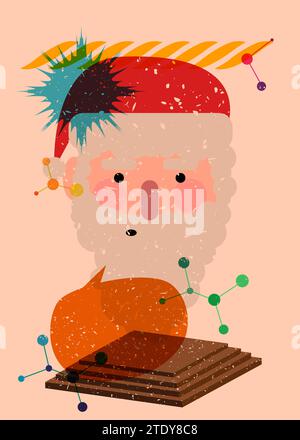 Risograph Babbo Natale volto, testa con bolla vocale dalle forme geometriche. Oggetti in stile texture con stampa grafico riso alla moda con geometrie eleme Illustrazione Vettoriale