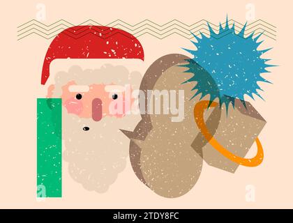 Risograph Babbo Natale volto, testa con bolla vocale dalle forme geometriche. Oggetti in stile texture con stampa grafico riso alla moda con geometrie eleme Illustrazione Vettoriale