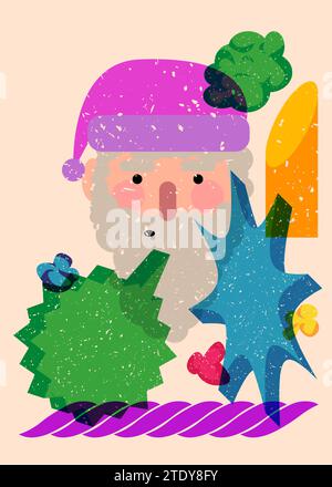 Risograph Babbo Natale volto, testa con bolla vocale dalle forme geometriche. Oggetti in stile texture con stampa grafico riso alla moda con geometrie eleme Illustrazione Vettoriale