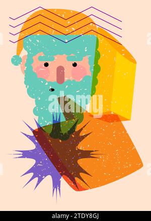 Risograph Babbo Natale volto, testa con bolla vocale dalle forme geometriche. Oggetti in stile texture con stampa grafico riso alla moda con geometrie eleme Illustrazione Vettoriale