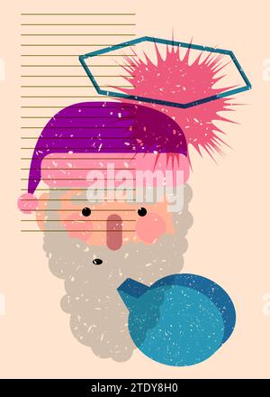 Risograph Babbo Natale volto, testa con bolla vocale dalle forme geometriche. Oggetti in stile texture con stampa grafico riso alla moda con geometrie eleme Illustrazione Vettoriale