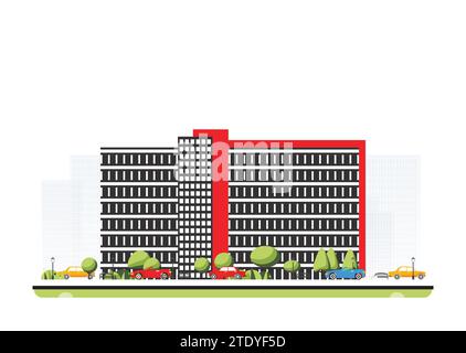 Edificio moderno in stile piatto con alberi e auto. Illustrazione vettoriale. Scena cittadina isolata su sfondo bianco. Architettura urbana. Illustrazione Vettoriale