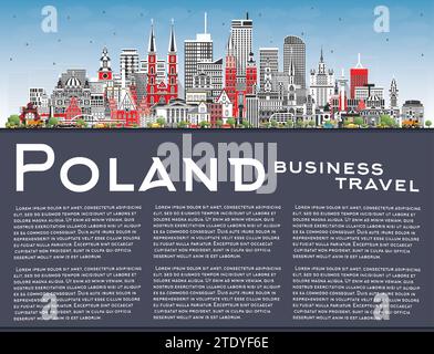 Skyline della città di Polonia con edifici grigi, cielo blu e spazio fotocopie. Illustrazione vettoriale. Concetto con architettura moderna. Paesaggio urbano della Polonia. Illustrazione Vettoriale