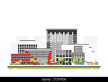 Quartiere degli affari con grattacieli in stile piatto con alberi. Illustrazione vettoriale. Scena cittadina isolata su sfondo bianco. Architettura urbana. Illustrazione Vettoriale