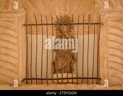 Particolare di una scultura all'ingresso del santuario di Monti-sion (Porreres, Maiorca, Isole Baleari, Spagna) Foto Stock