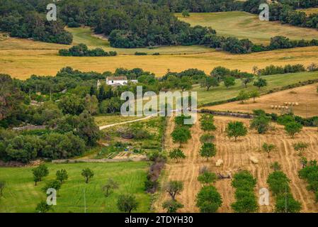 Campi e tenute rurali visti dalla cima del Puig de Sant Miquel in un pomeriggio primaverile (Maiorca, Isole Baleari, Spagna) Foto Stock