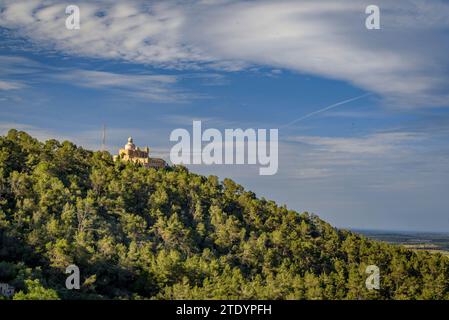 Montagna e santuario di Bonany visto dal monte in un pomeriggio primaverile (Maiorca, Isole Baleari, Spagna), spagnolo: Montaña y santuario de Bonany Foto Stock