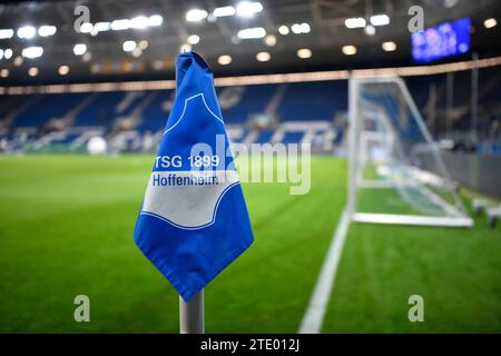 Sinsheim, Deutschland. 19 dicembre 2023. vor Spielbeginn: Eckfahne Logo TSG Hoffenheim Stadioninnenraum TSG 1899 Hoffenheim vs SV Darmstadt 98 D98 19.12.2023 LE NORMATIVE DFL VIETANO L'USO DI FOTOGRAFIE COME SEQUENZE DI IMMAGINI E/O QUASI-VIDEO/dpa/Alamy Live News Foto Stock