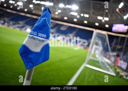 Sinsheim, Deutschland. 19 dicembre 2023. vor Spielbeginn: Eckfahne Logo TSG Hoffenheim Stadioninnenraum TSG 1899 Hoffenheim vs SV Darmstadt 98 D98 19.12.2023 LE NORMATIVE DFL VIETANO L'USO DI FOTOGRAFIE COME SEQUENZE DI IMMAGINI E/O QUASI-VIDEO/dpa/Alamy Live News Foto Stock