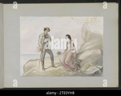 Incontrando due amanti su una roccia, 1854 Una giovane donna siede su una roccia con il cappello nella mano sinistra e un mazzo di fiori nella mano destra. Di fronte a lei c'è un uomo con un cappello e un bastone da passeggio. Tiene la mano sinistra contro il petto. Sullo sfondo una faccia su un lago o sul mare. Recto del disegno a pagina 2 di un album con 35 disegni. carta. inchiostro. acquerello (vernice). Penna/pennello a matita Una giovane donna siede su una roccia con il cappello nella mano sinistra e un mazzo di fiori nella mano destra. Di fronte a lei c'è un uomo con un cappello e un bastone da passeggio. Tiene la mano sinistra contro il petto. Nel backgr Foto Stock
